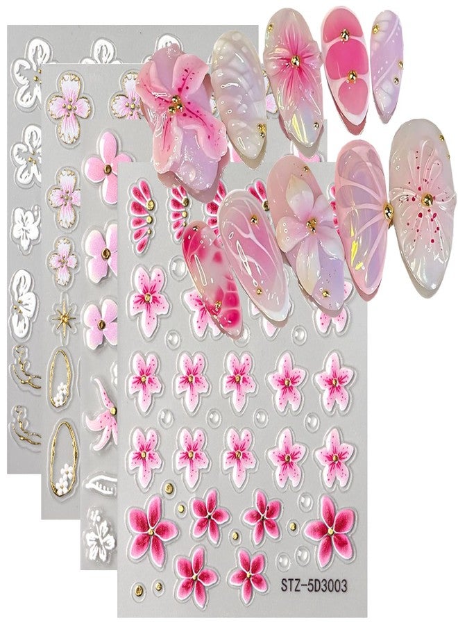 BSBTBZ Flowers Nail Stickers, 5D Embossed Pink Small Flower Nail Decals, Spring Relief Lily Nail Art, 3D Acrylic Flowers Embossed Sliders Gold Star Cherry Blossom Manicure Decor for DIY Nail Art Decorations - Image 1